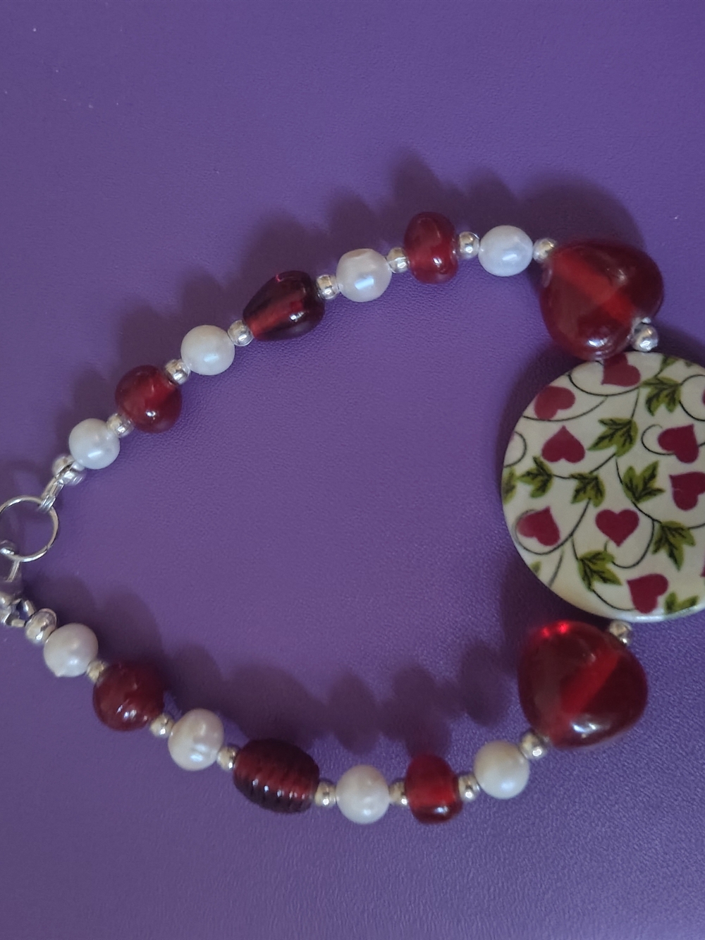 Red Heart & Pearl Beaded Bracelet - Women's Jewelry
